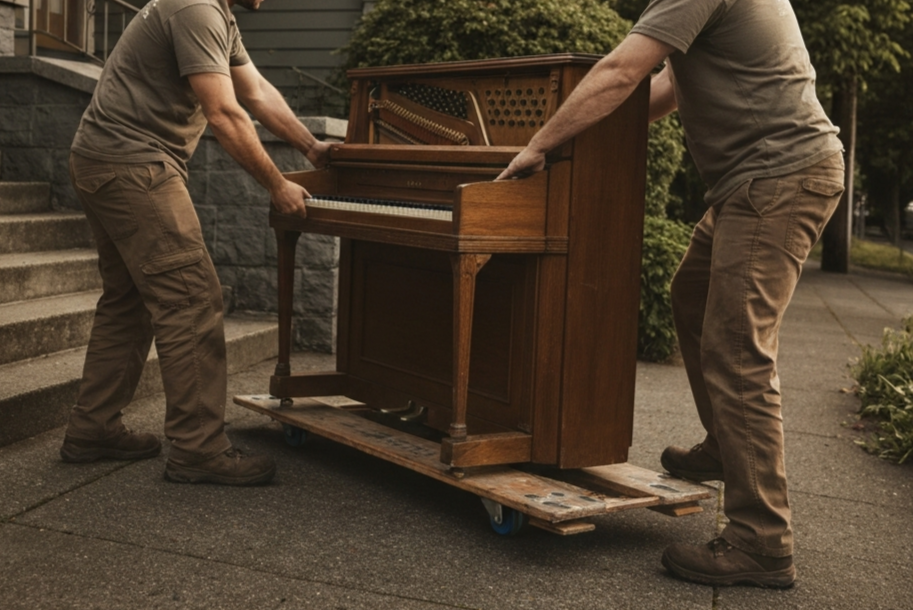 Two men moving a wooden upright piano on a dolly outside on a sidewalk.