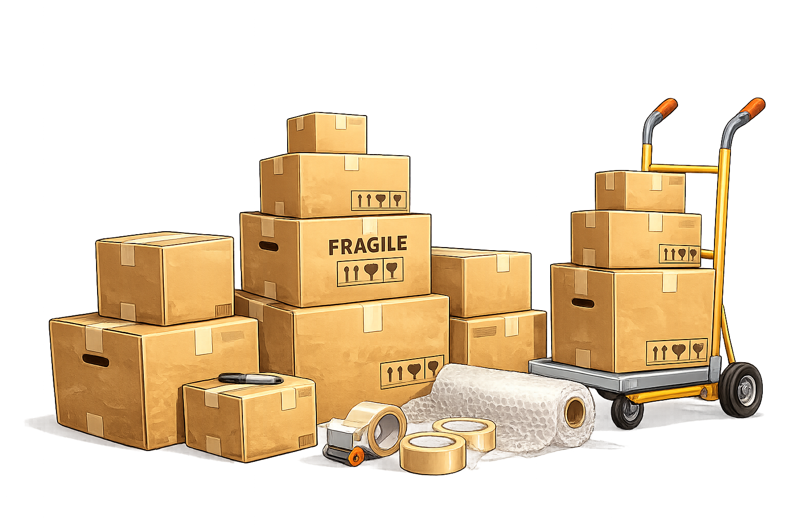 Stack of moving boxes labeled fragile, a hand truck loaded with boxes, packing tape rolls, a marker, and bubble wrap, set against a dark background.