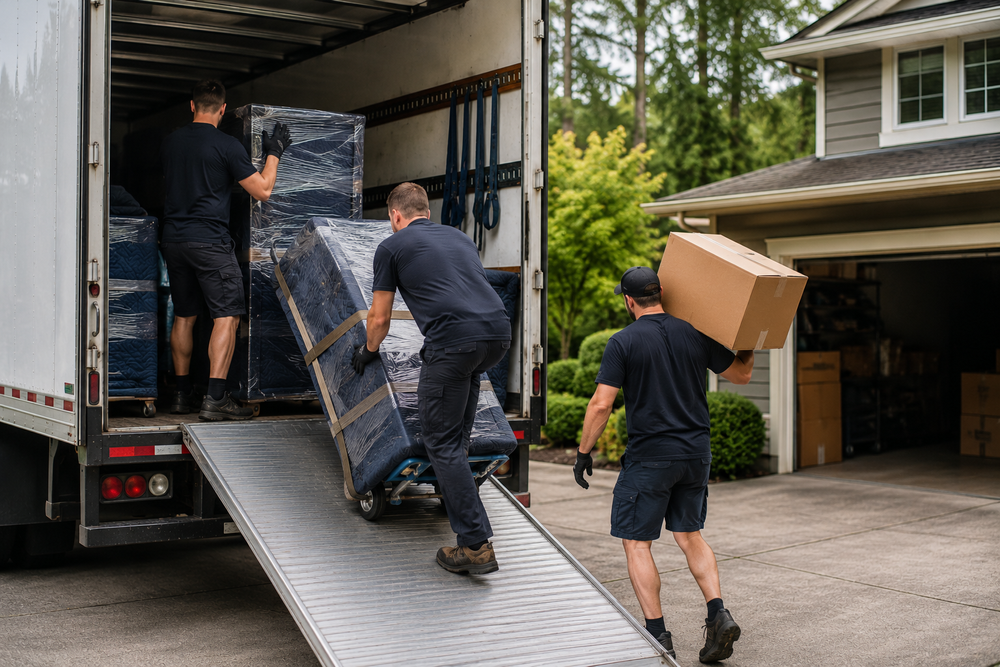Crew loading furniture up a ramp outside a two-story home, move in Newberg