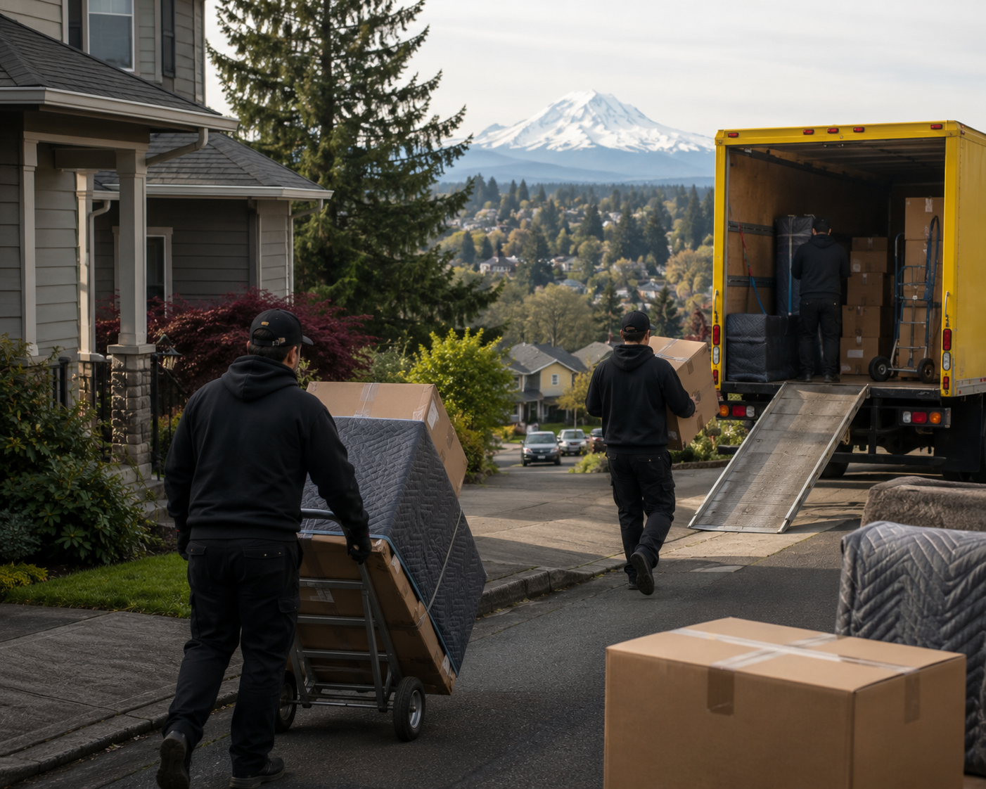 Three movers unloading boxes and furniture from a yellow moving truck on a residential street with a snow-capped mountain in the background