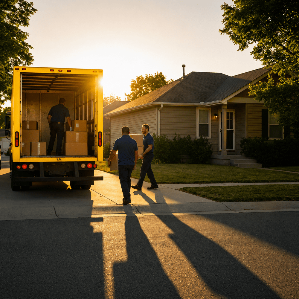 Two movers walking toward a loaded truck at sunset on a residential street, move in Keizer