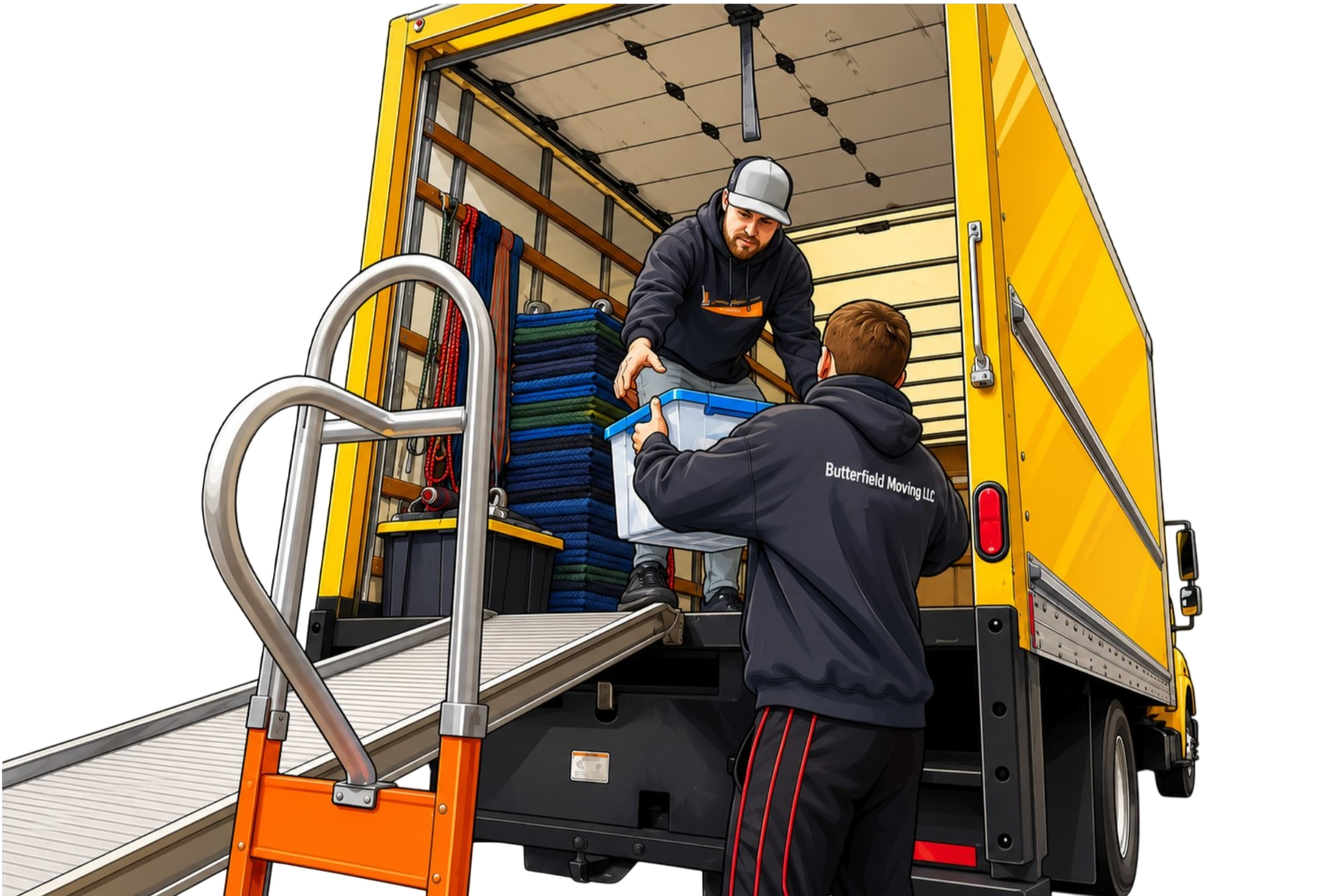 Two men loading or unloading equipment from the back of a yellow moving truck. One man is inside the truck handing a box to the other man outside the truck. The truck has ladders, ropes, and stacked items inside.