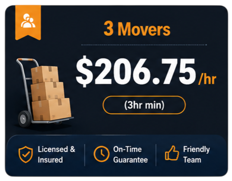 Advertisement for a moving service featuring a hand truck with boxes, stating a rate of $206.75 per hour, minimum 3 hours, with icons indicating licensed insurance, on-time guarantee, and friendly team.