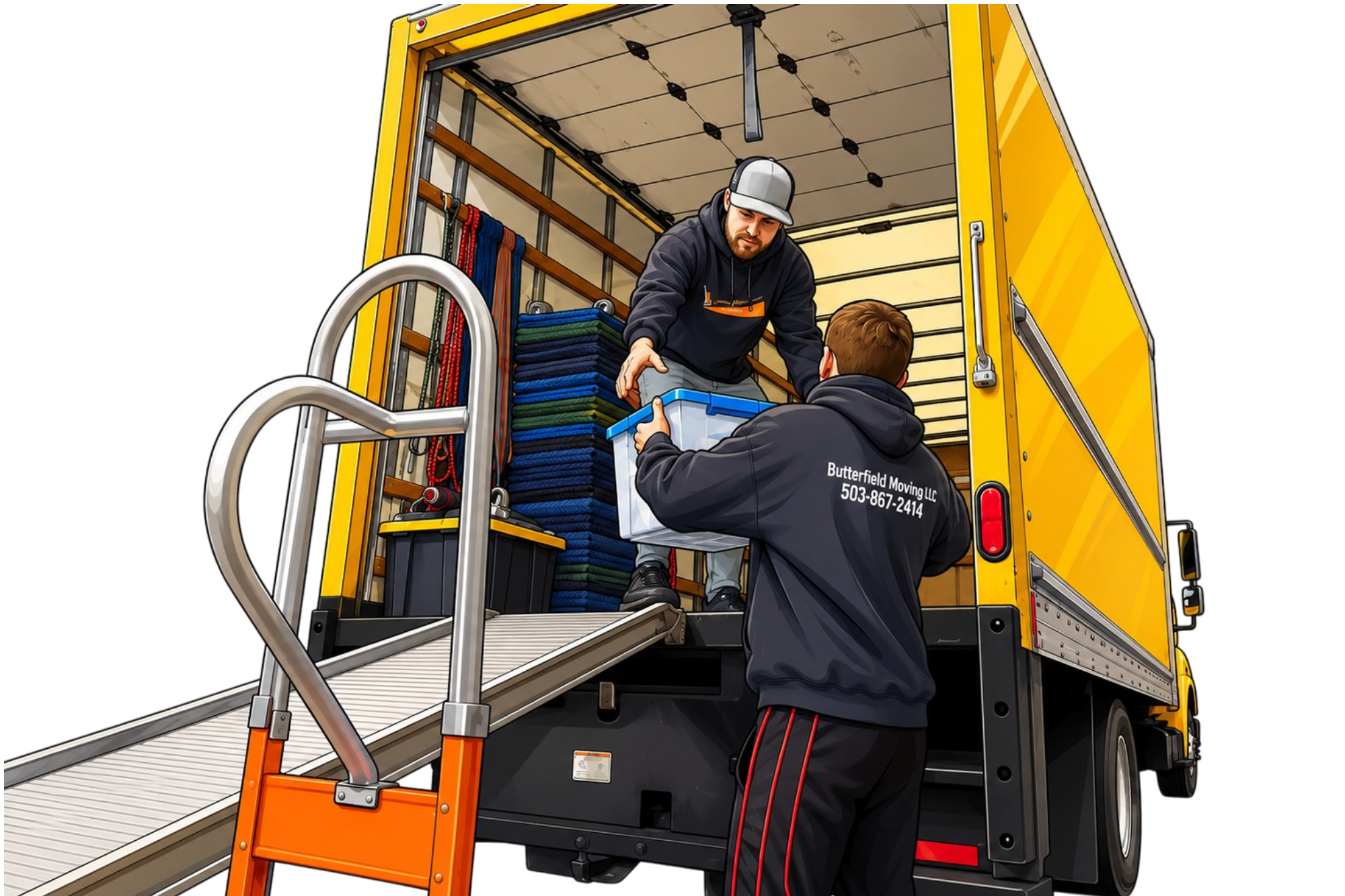 Two men unloading or loading equipment from a yellow moving truck. One man is inside the truck handing a stack of foam pads to the other man outside, who is holding a plastic bin. The inside of the truck is organized with straps and racks for moving supplies.