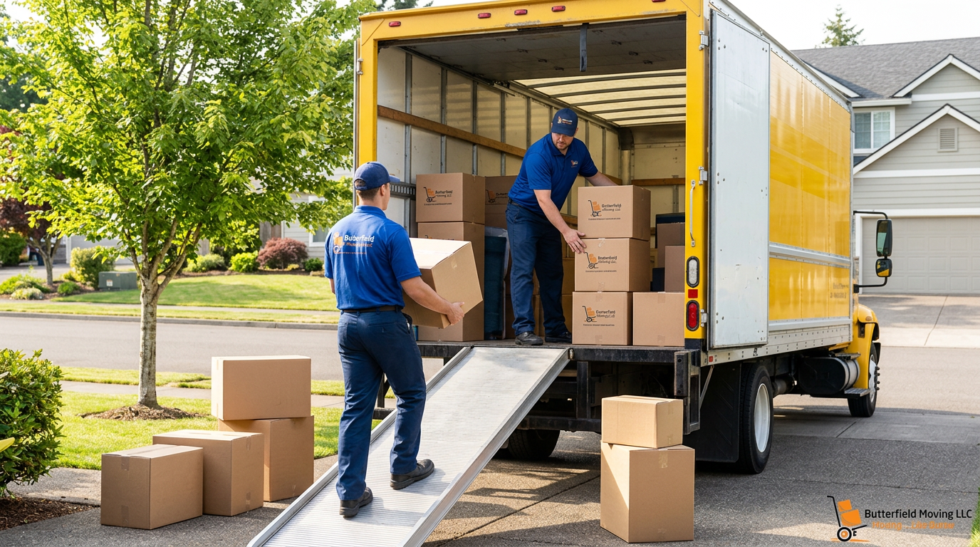 Two movers unload boxes from a yellow moving truck onto a ramp. One man is inside the truck handing a box to another man outside, who is carrying a box to the ground. Several boxes are on the ground near the ramp. The scene is in a residential neighborhood with green trees and homes.