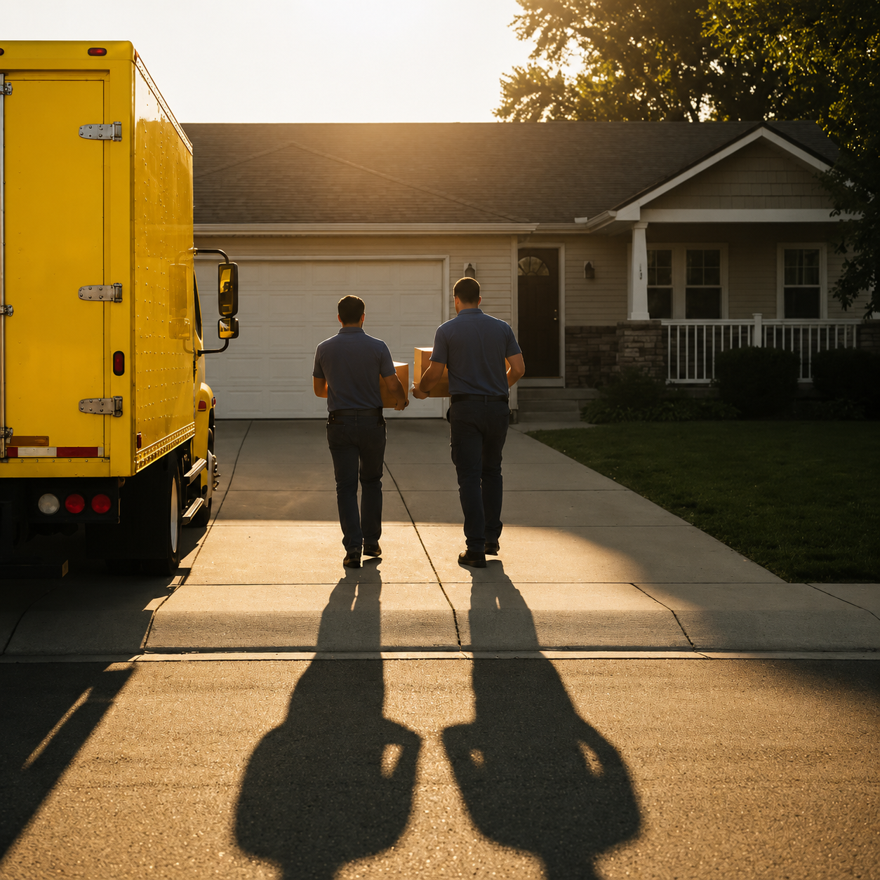 Two movers in blue uniforms carrying boxes toward a house during sunset with a yellow moving truck parked on the driveway.