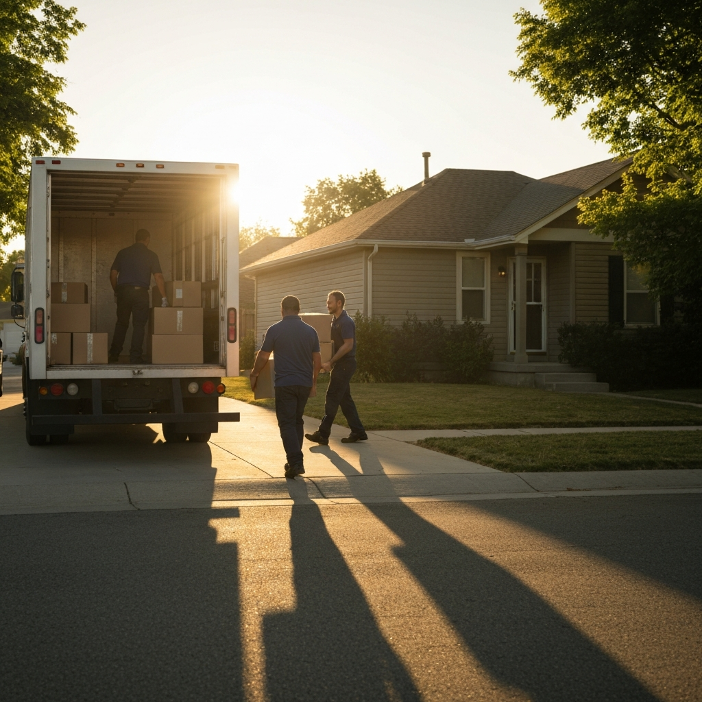 Three men unloading boxes from a moving truck in front of a house during sunset.