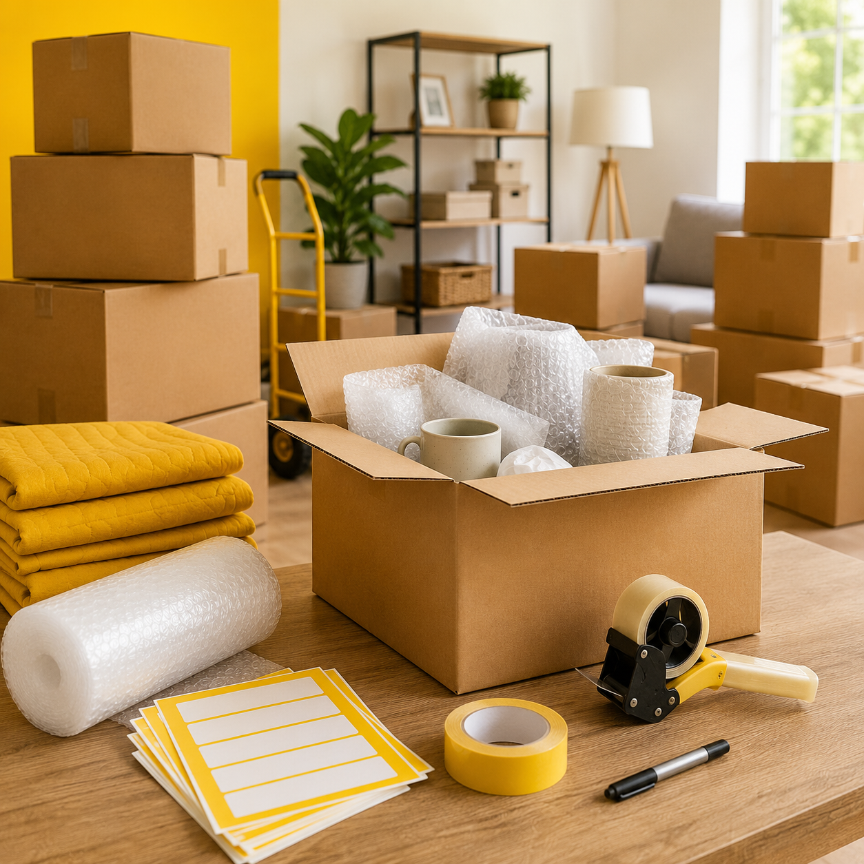 Room filled with packed boxes, packing materials, and sealing tape, ready for moving or shipping, with furniture and plants in the background.