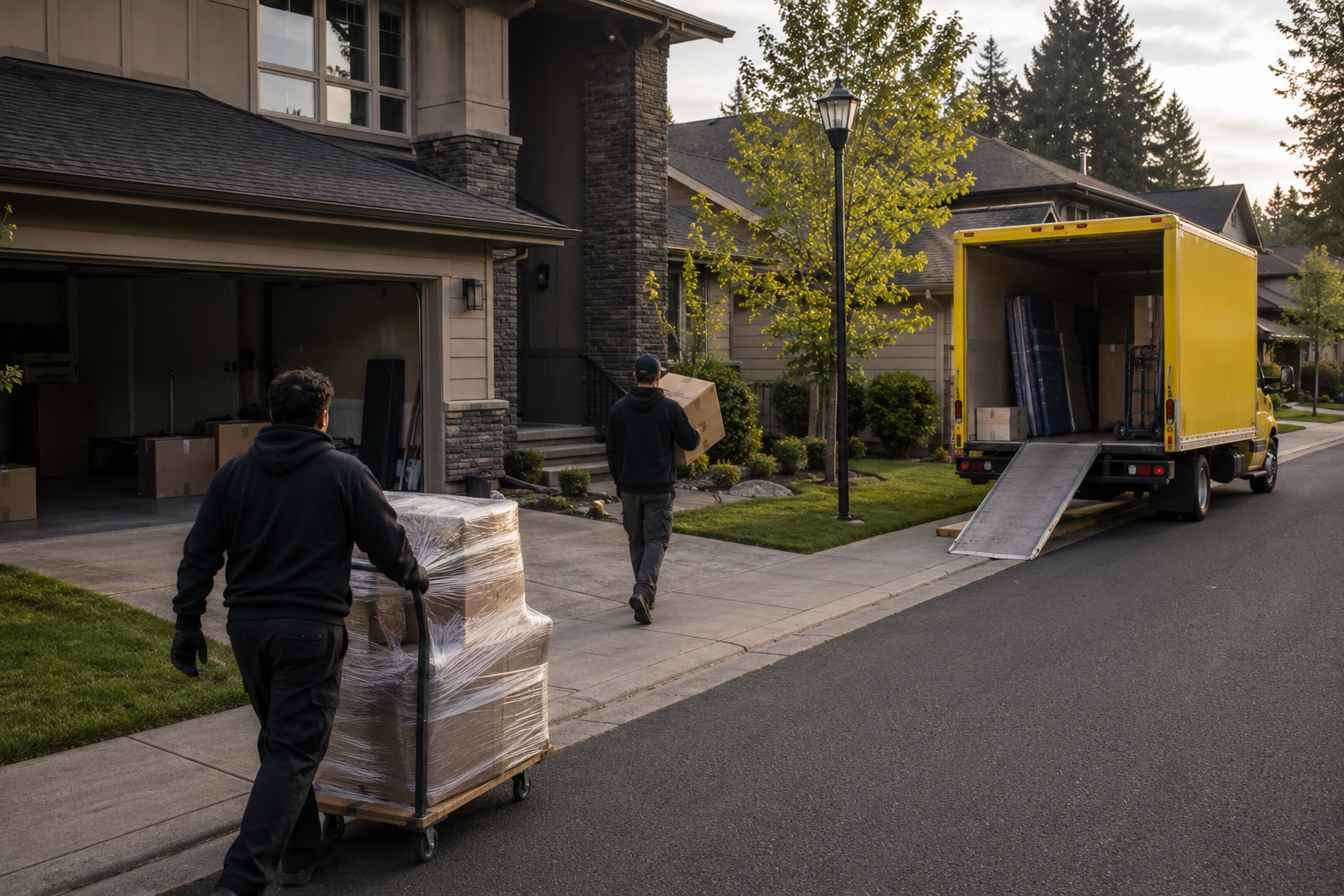 Two men are loading furniture and boxes into a yellow moving truck parked in front of a suburban house during daytime. One man is pushing a pallet with wrapped furniture, and the other man carries a box toward the truck.