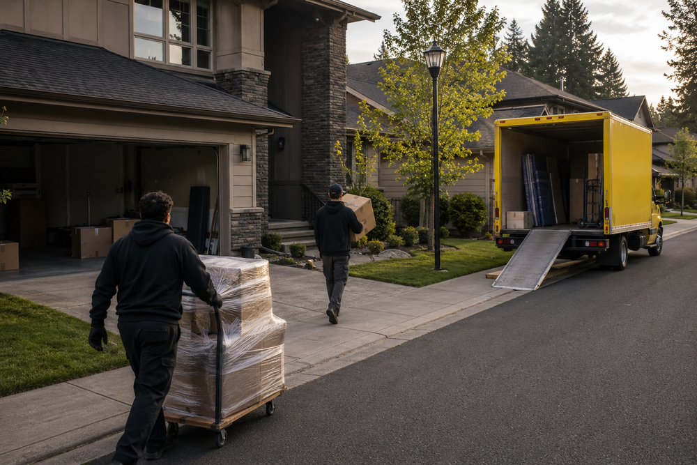 Movers wheeling wrapped furniture down a driveway at dusk, move in Woodburn