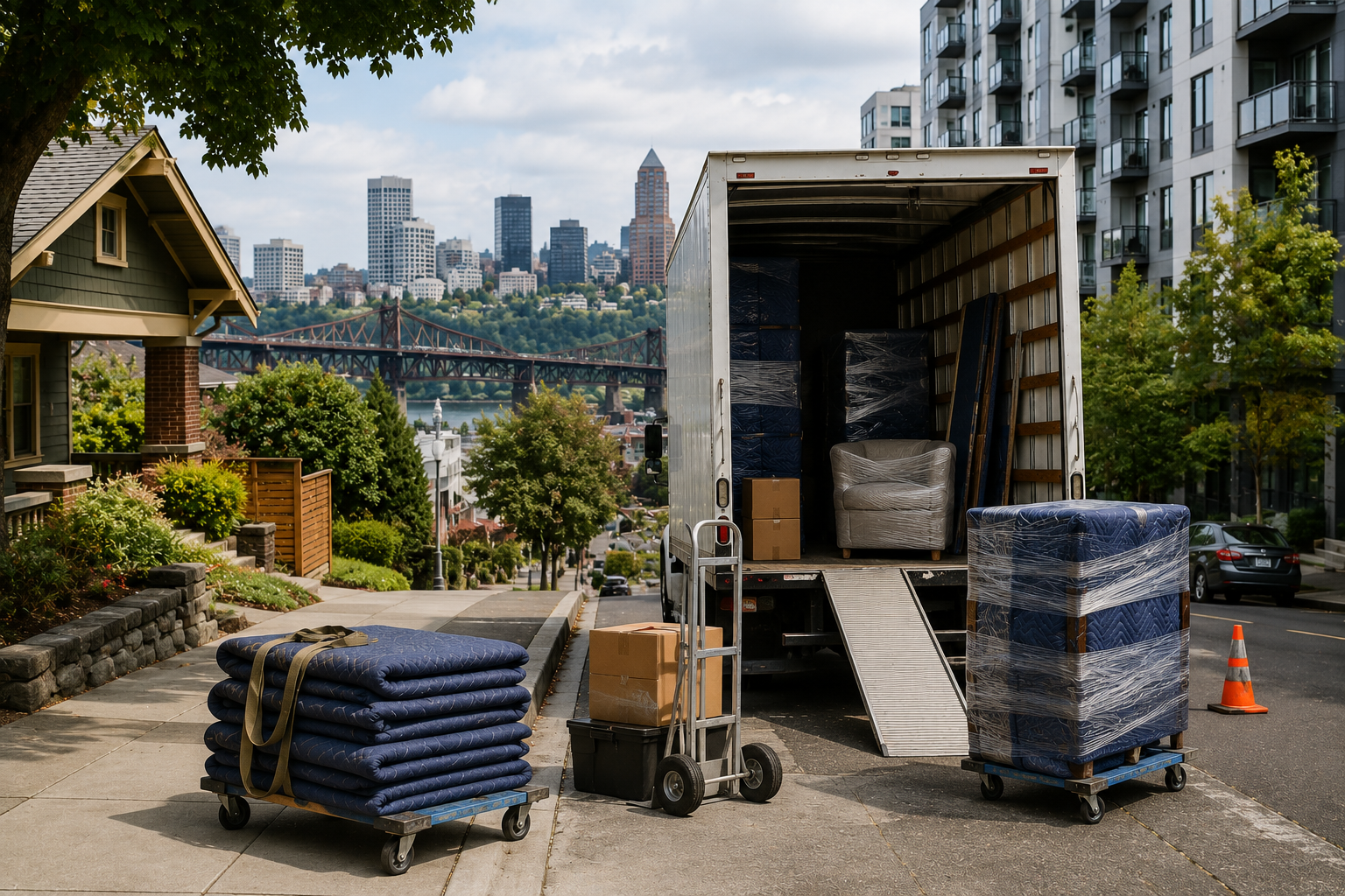 Moving truck with furniture and boxes outside on a city street, with apartment buildings, trees, and a city skyline in the background.