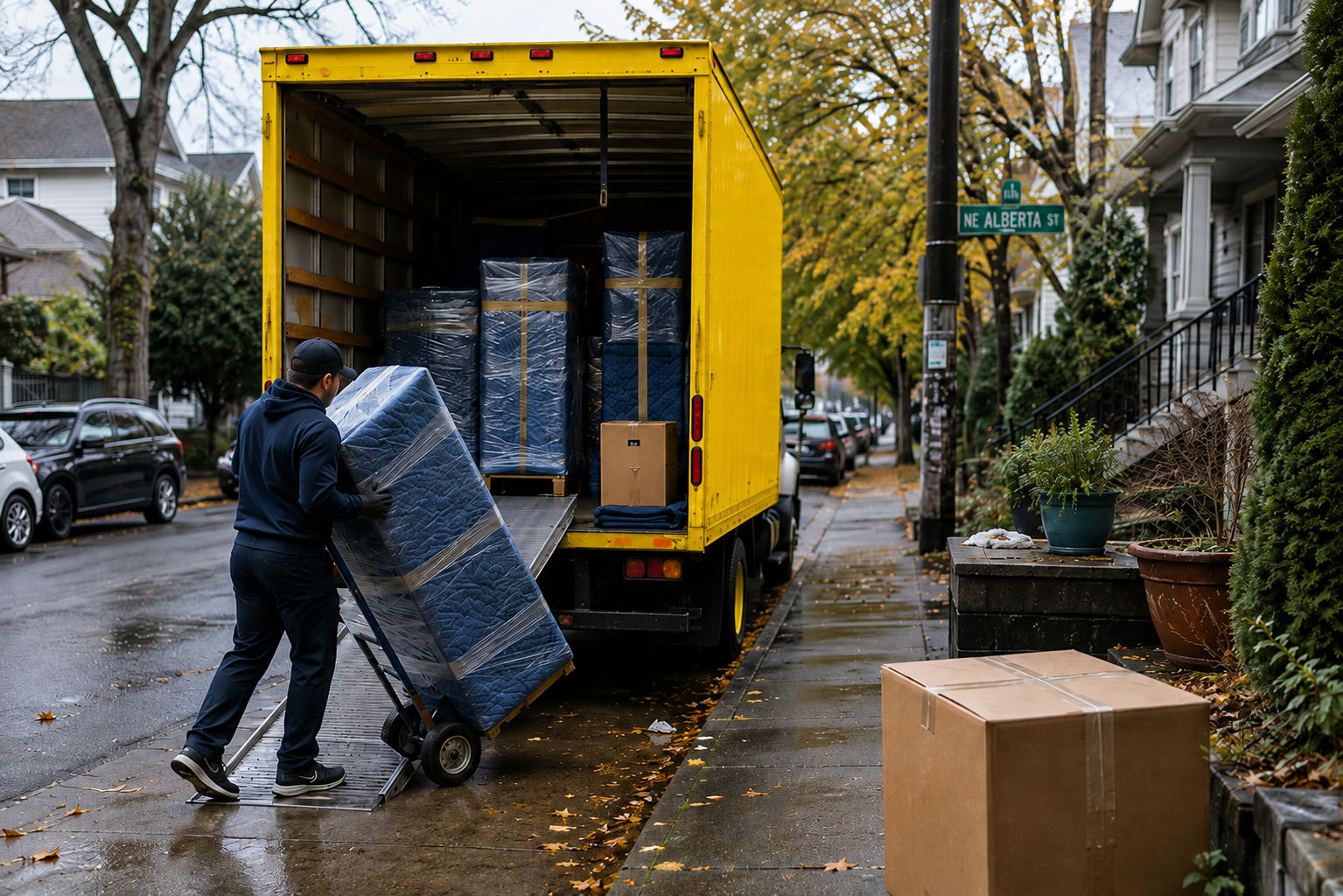 A person loading boxed mattresses onto a yellow moving truck on a wet, autumn day in a neighborhood with parked cars and front porches.