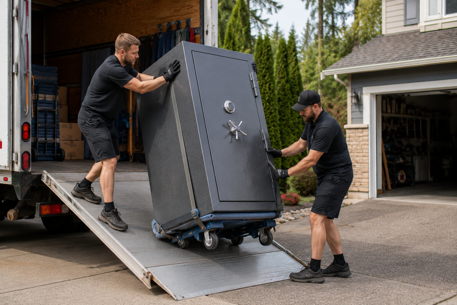 Two men are moving a large, secure safe into a truck using a ramp.