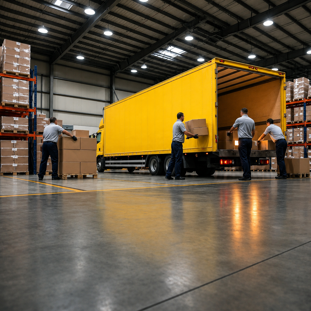 Yellow truck being loaded inside a warehouse, move in Keizer