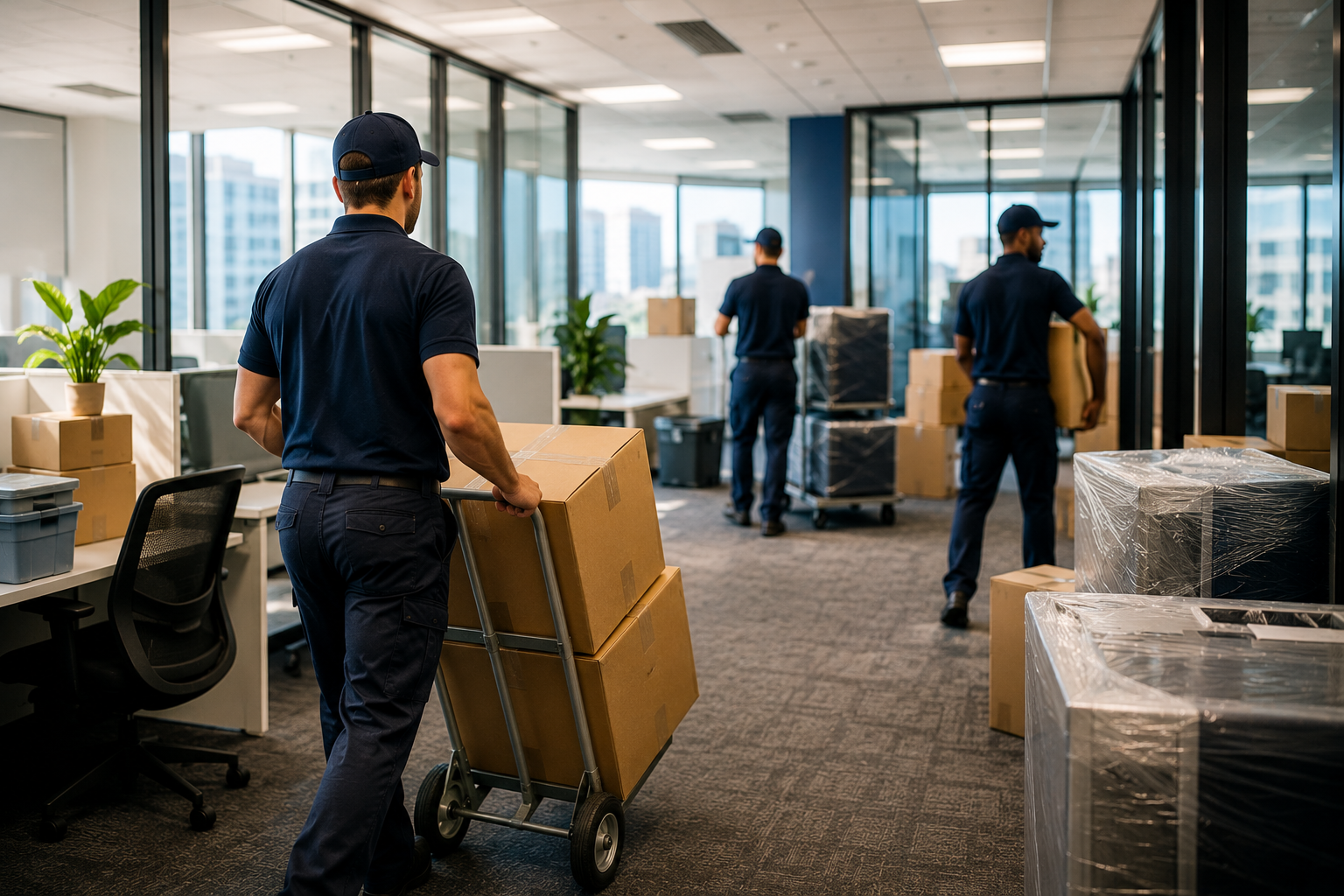 Employees moving and carrying boxes in an office space during a move.
