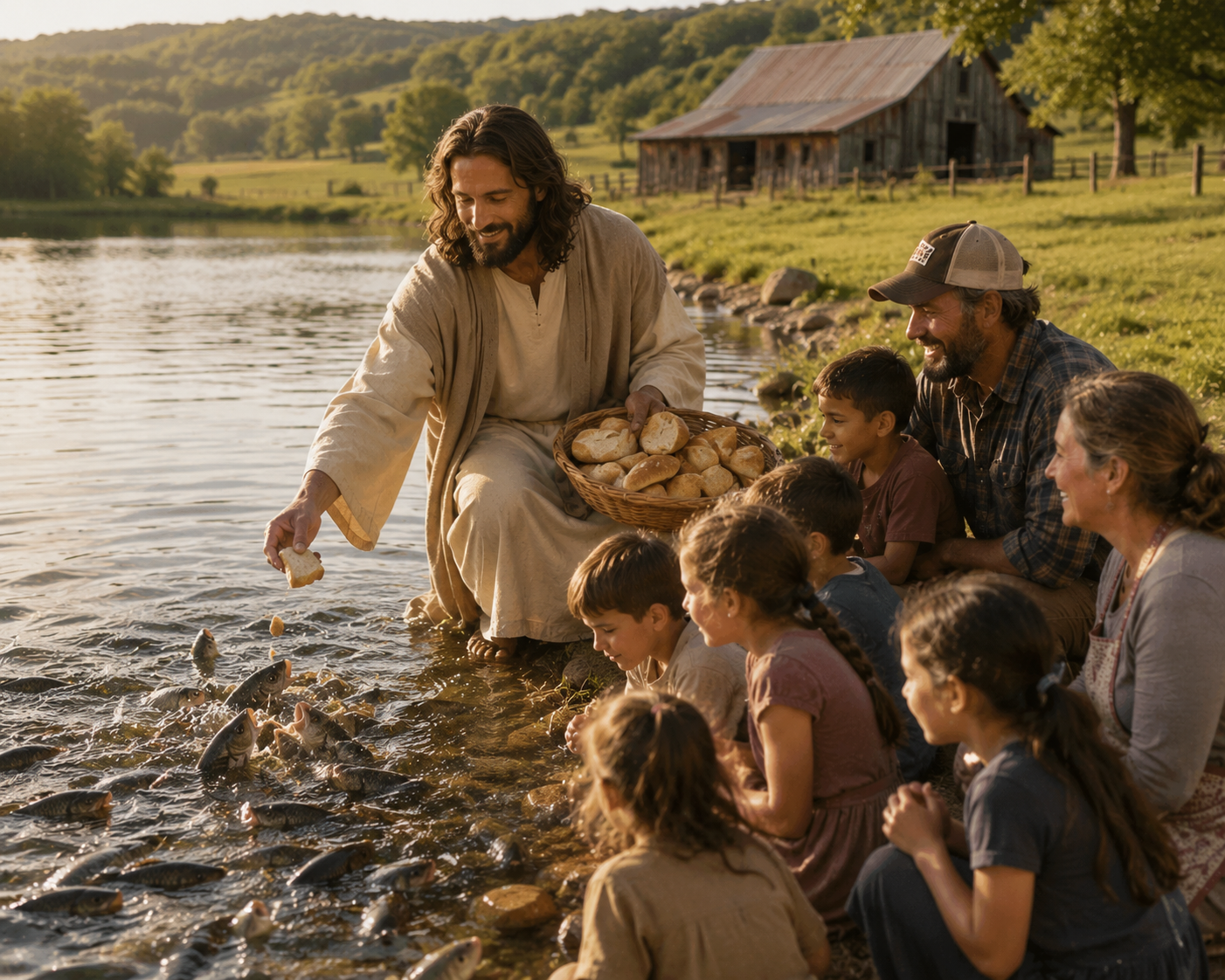 A man dressed as Jesus is sitting by a pond, surrounded by children and adults, feeding fish with bread. The setting is outdoors with green hills and an old barn in the background, and the scene is lit by warm sunlight.
