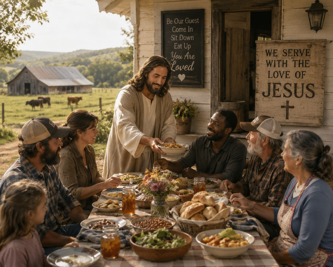 A group of people sharing a meal outdoors on a farm, with a man dressed as Jesus serving food. The setting is rustic, with a wooden barn in the background, green fields, and signs that emphasize love and faith in Jesus.