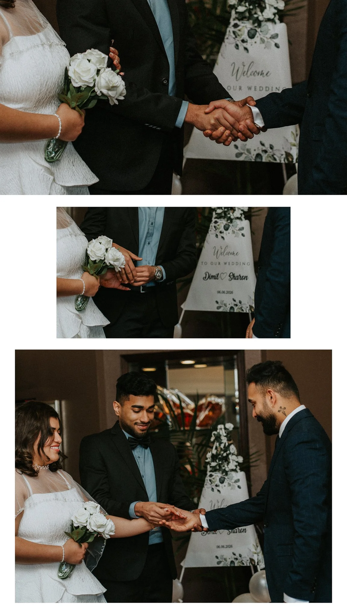 A wedding ceremony with a bride, groom, and officiant exchanging vows and holding hands. The bride is holding a bouquet of white roses, and the couple is standing before a welcome sign for a wedding.