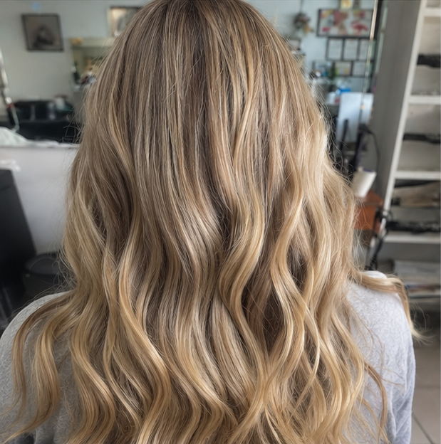 Back view of a woman with long, wavy blonde hair in a salon.