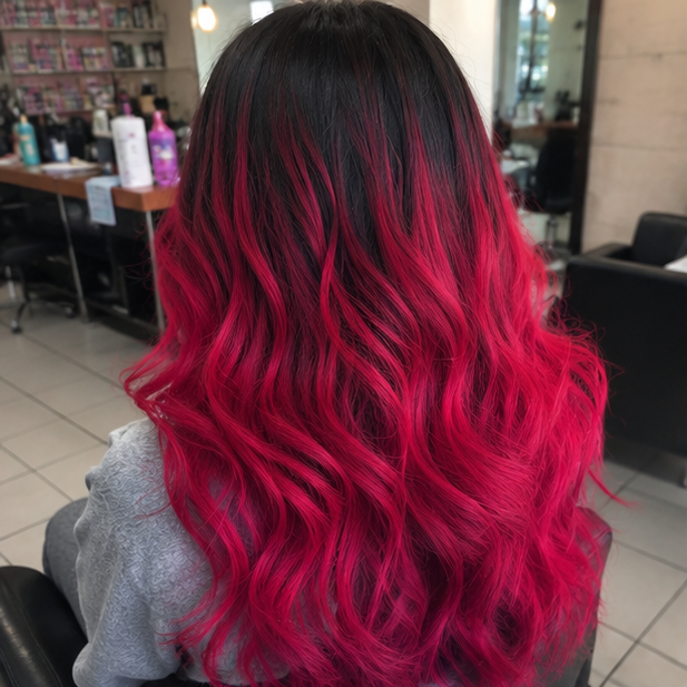 Back view of a woman with long, wavy hair that transitions from black at the roots to vibrant pink at the ends, sitting in a hair salon.