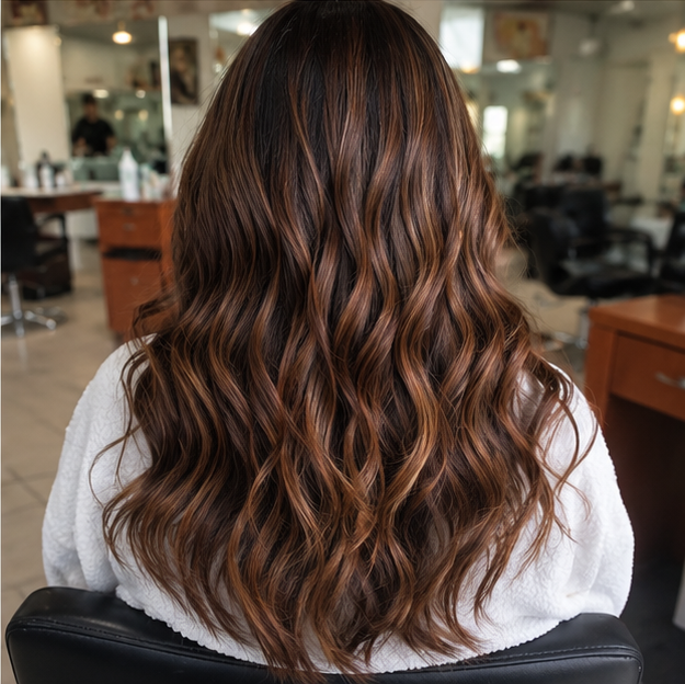 Back view of a woman with long, wavy, brown hair sitting in a hair salon.