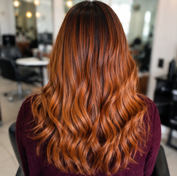 Back view of a woman with long wavy red hair sitting in a salon.