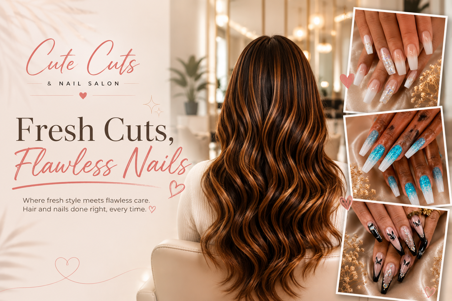 Salon advertisement showing a woman with long, wavy, brown hair and close-up of three sets of manicured nails with different nail art designs, including white with glitter, blue with glitter, and black with floral patterns. The background features a modern salon interior.