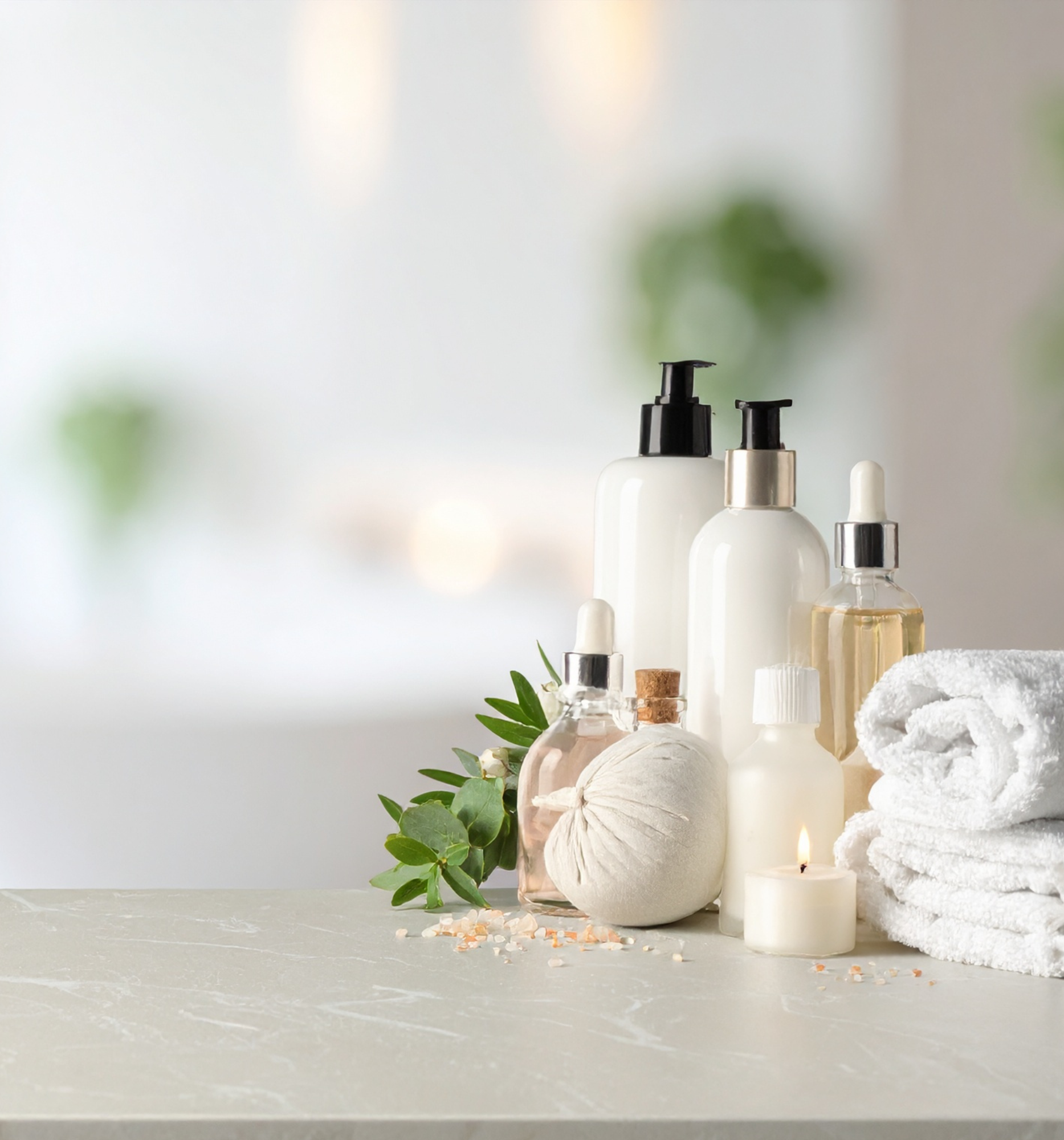Various skincare and spa products, including pump bottles, jars, a corked bottle, a rolled towel, and natural elements like leaves, accompanied by a lit candle on a spa or bathroom counter.