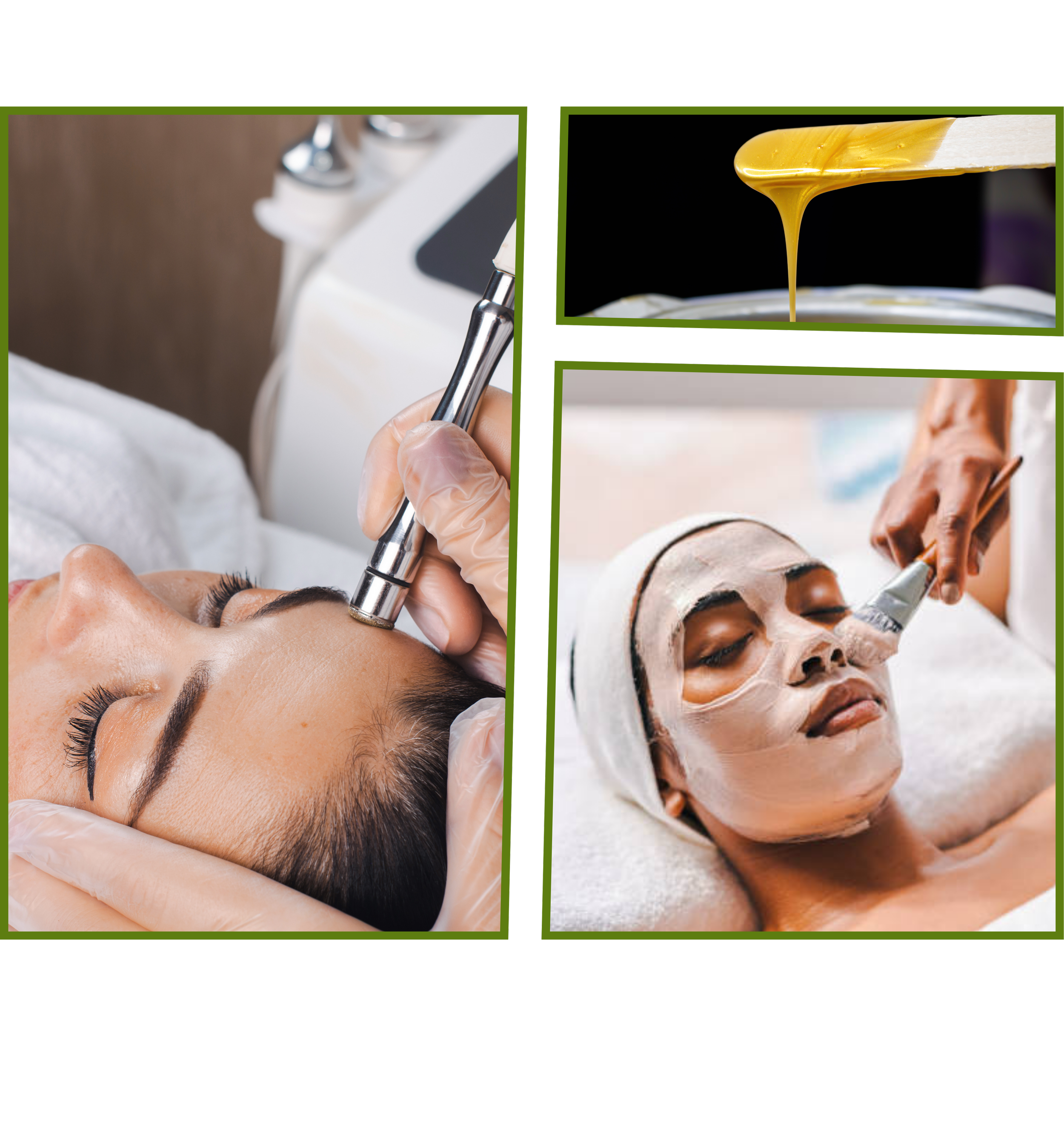 Two images of a woman receiving a cosmetic facial treatment. The left image shows her lying with her eyes closed, while a professional uses a device on her forehead. The right image shows her face with a facial mask being applied or removed.