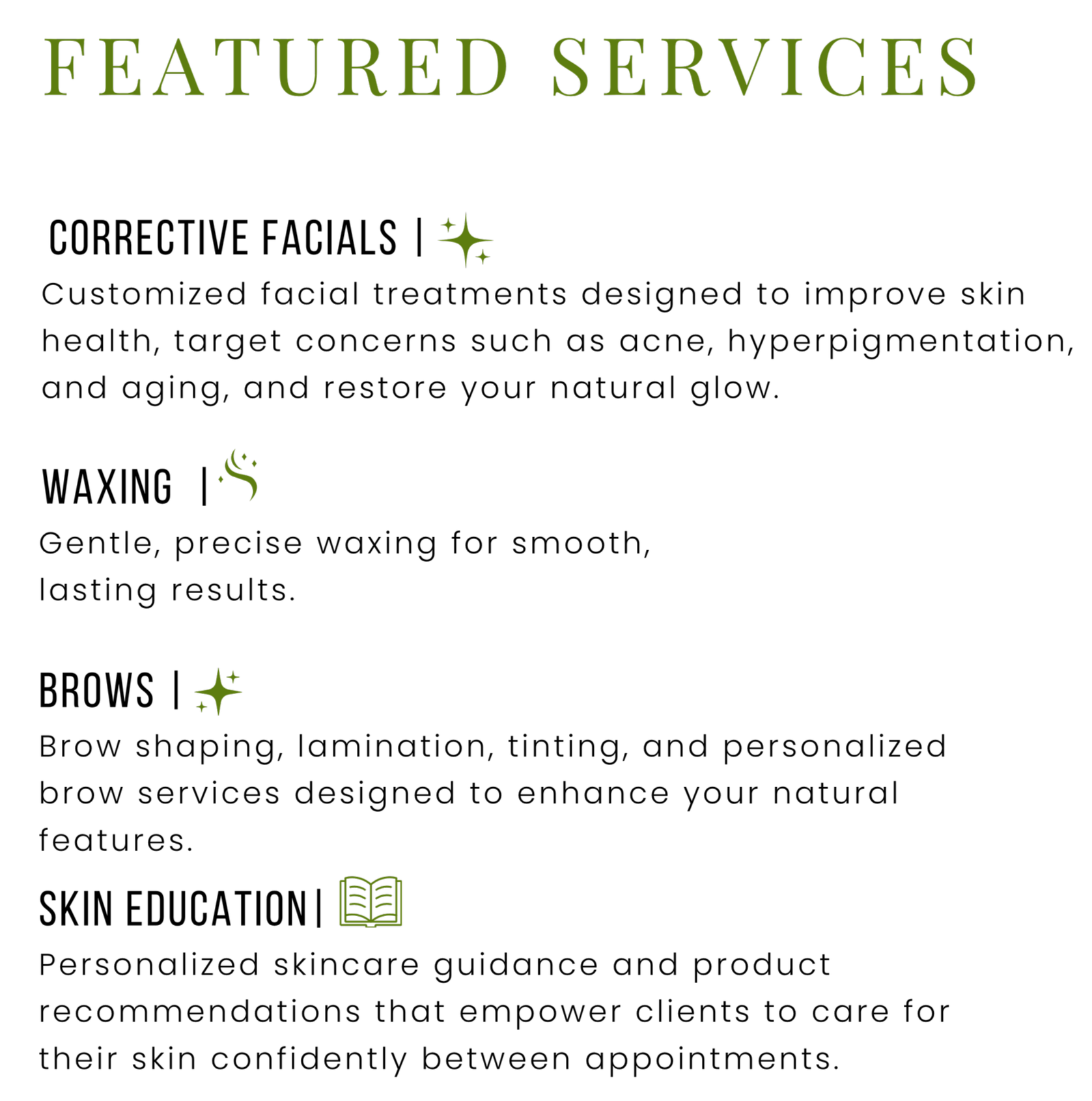 Green text on black background reads 'Featured Services' with small icons of a star, sparkles, a steaming bowl, and an open book beneath.