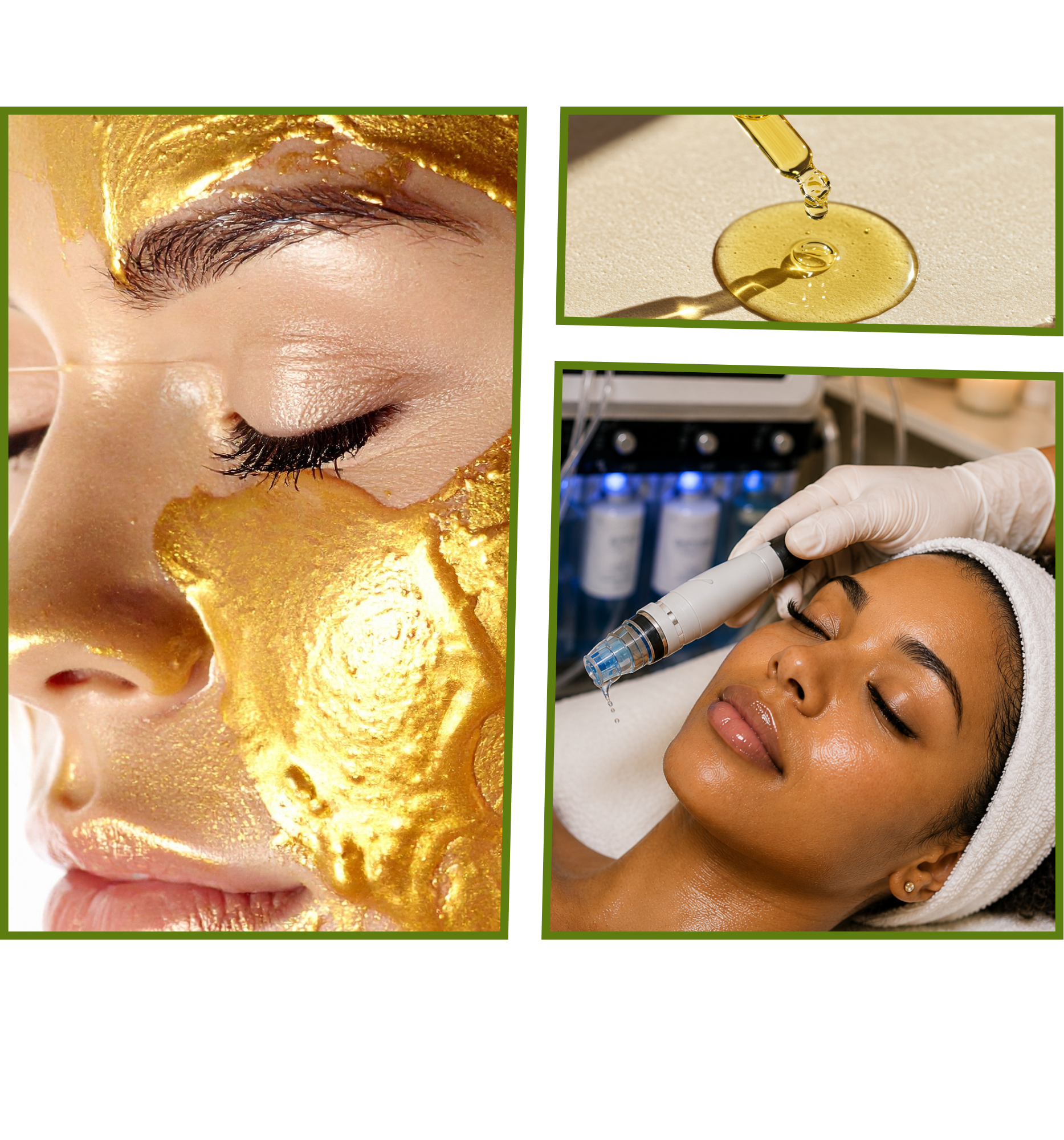 Close-up of a woman's face with gold facial treatment and a skincare professional using a device on her skin.