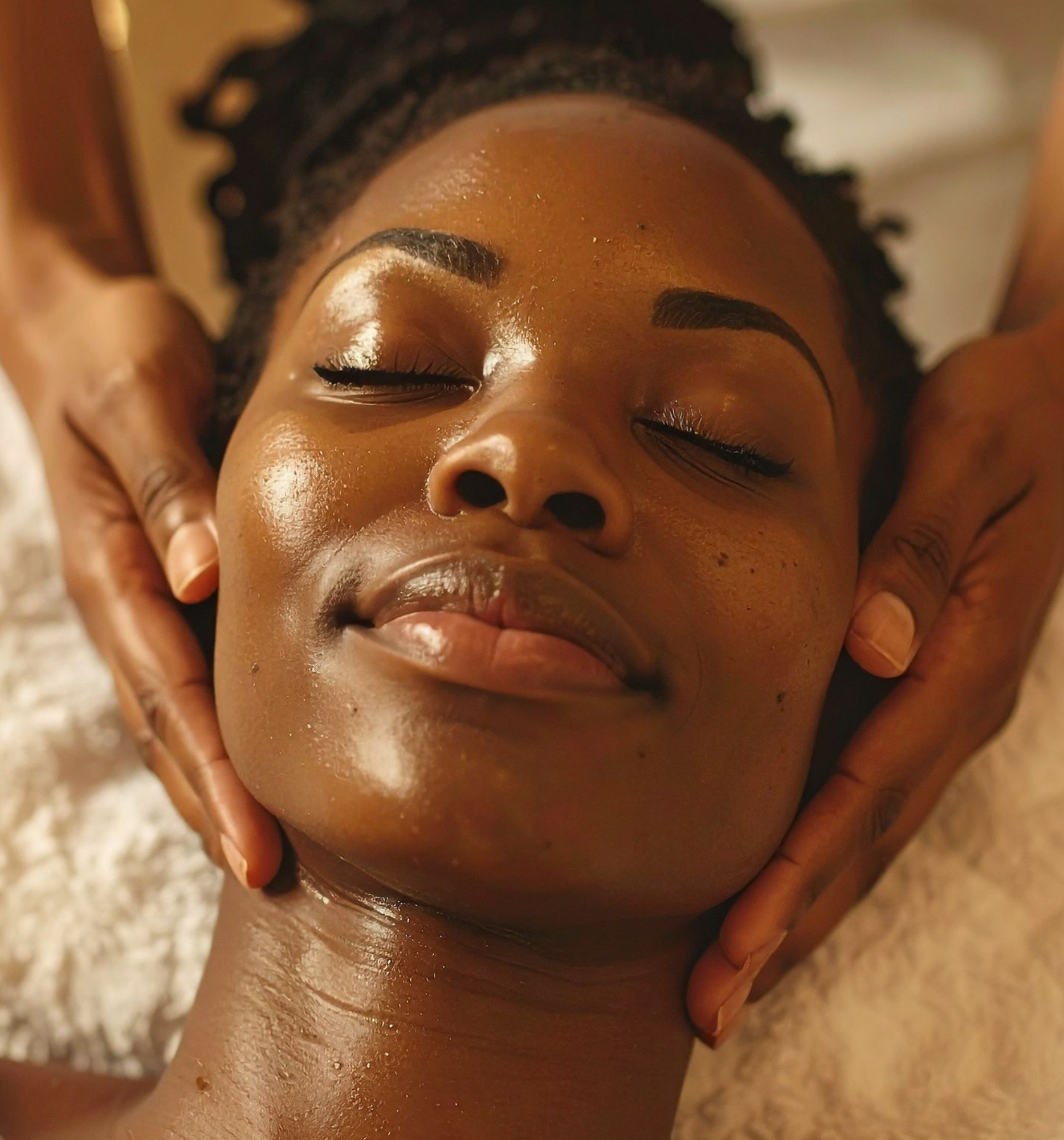Close-up of a person's face with closed eyes, resting on a hand, showcasing their forehead, eyebrows, eyes, nose, and lips, with a blurred background.