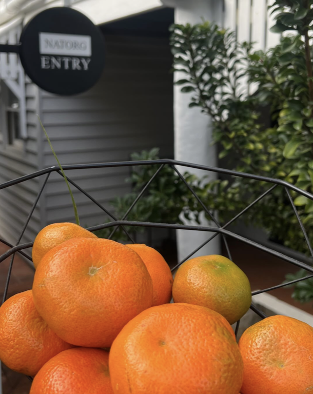 A basket of oranges and two greenish oranges in front of a black and white sign that says 'NATORG ENTRY' in front of plants and a building exterior.