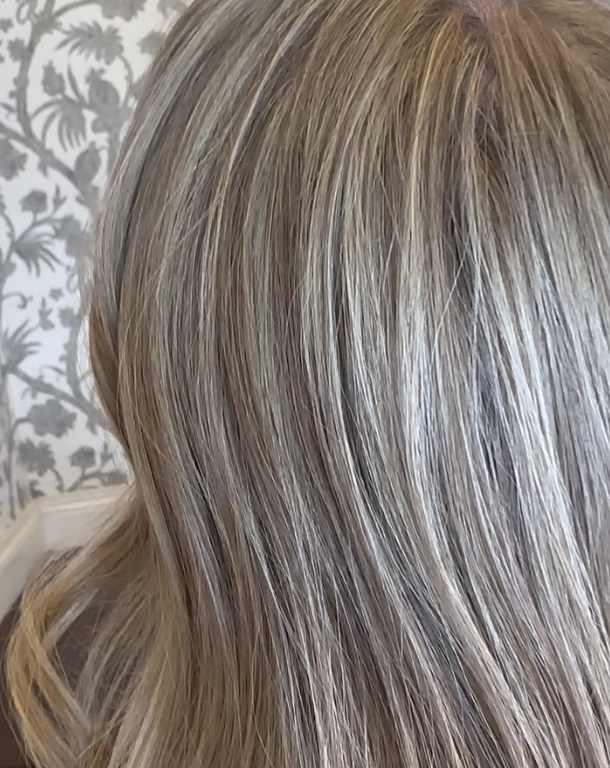 Close-up of blonde hair with highlights, showing texture and shine.
