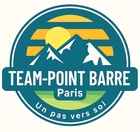 Logo de Team-Point Barre Paris, représentant des montagnes, un soleil, et un paysage avec la légende 'Un pas vers soi'.
