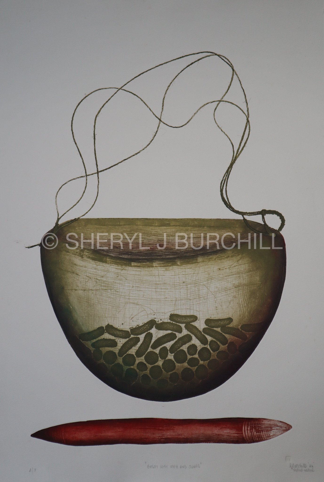 A drawing of a large vase filled with coffee bean shaped seeds. A red stick shape lies below the vase. Thin, curved lines emerge from the top of the vase, resembling abstract vines or tendrils.