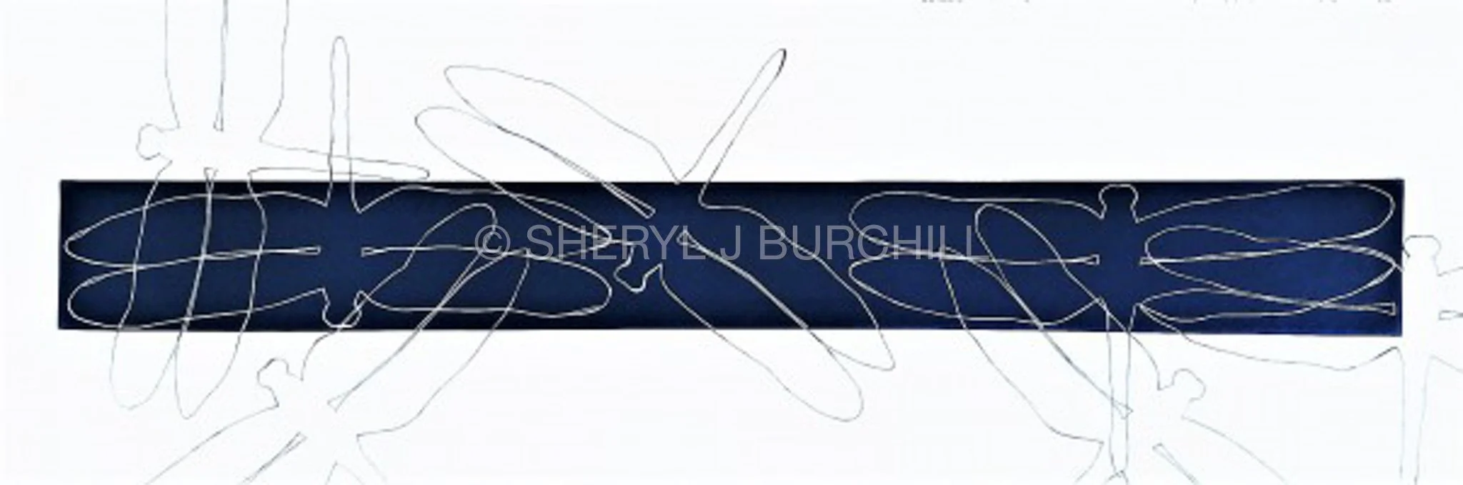 Abstract artwork with white continuous line drawing of butterflies over a dark blue rectangular background on a white surface.