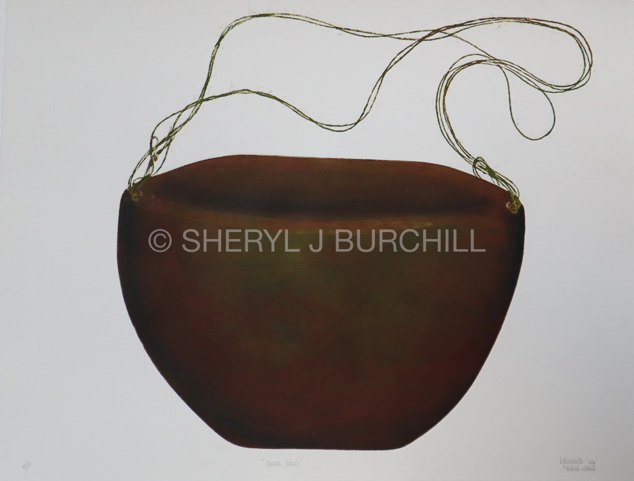 A minimalist painting of a dark brown vase with a rounded body, with greenish, curvy lines emerging from it, set against a plain light background.