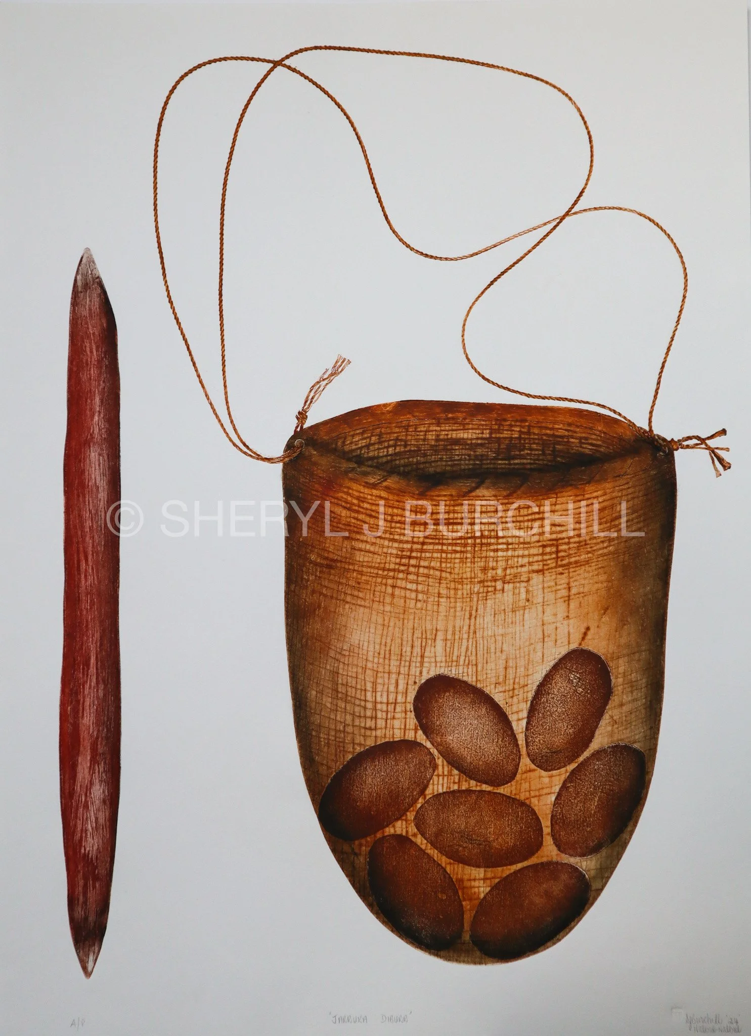 A design with a brown half-egg shape with coffee bean shaped seeds inside, a large red pencil shape on the left, and four brown strings above the eggs. The background is white.