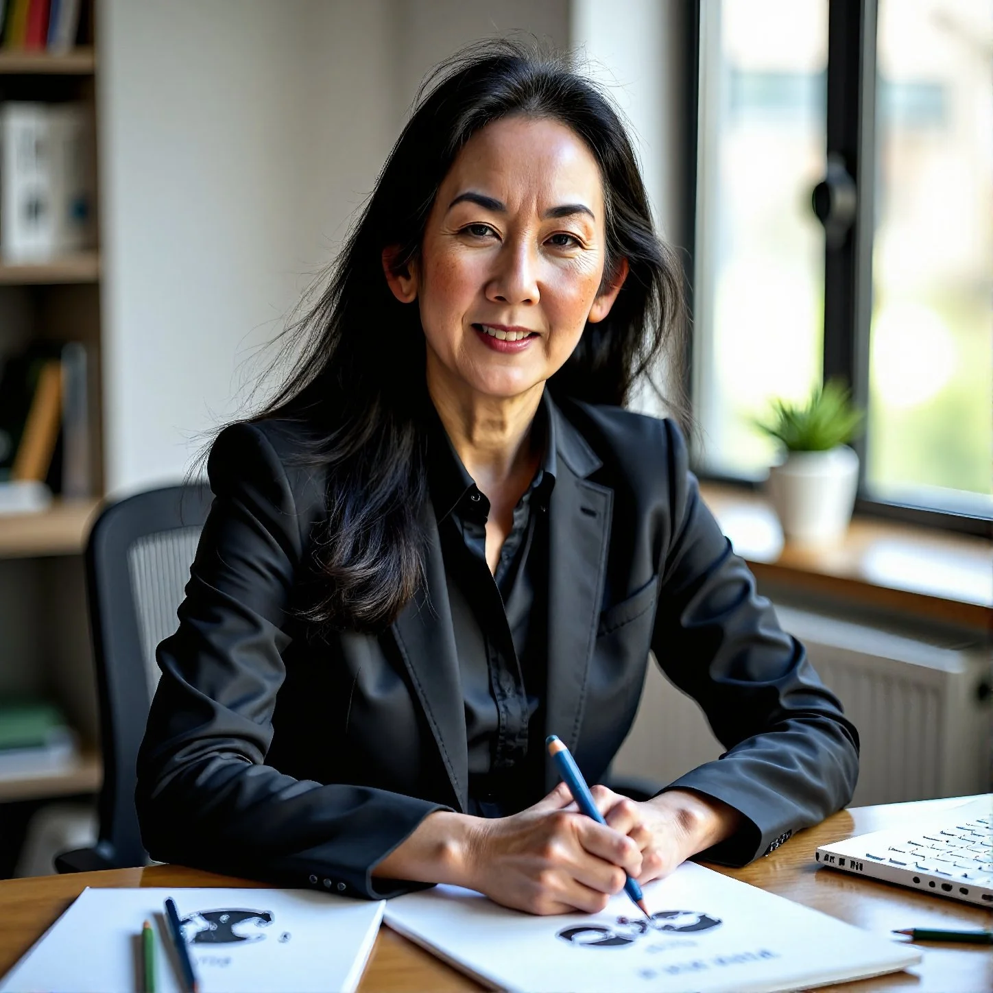 Joan Igawa, founder of Xyxero, at her desk where she develops brand strategy and helps businesses clarify their positioning and messaging.