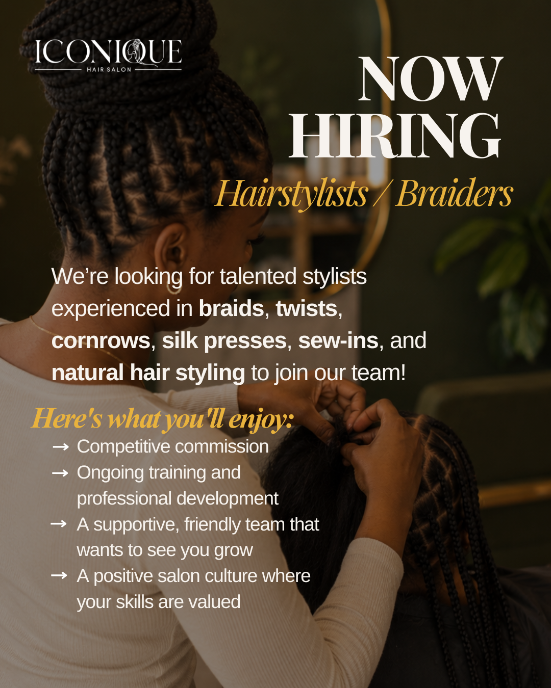 Iconique Hair Salon now hiring experienced hairstylists and braiders in Whitby, Ontario. Join our team opening October 2026 in Durham Region. Competitive commission, steady clients, ongoing training. Apply at iconiquehairsalon.com.