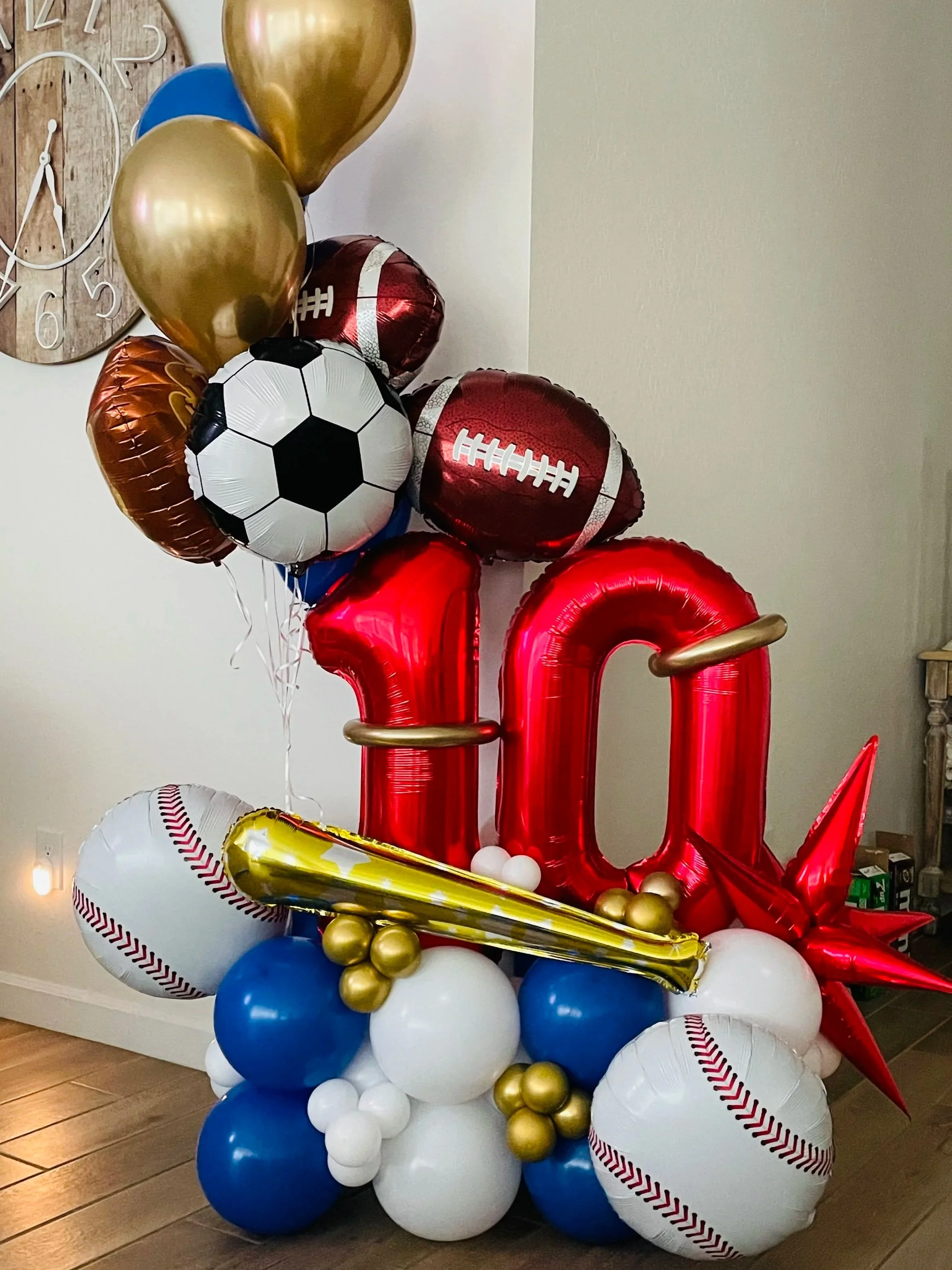 Sports themed balloon stack for 10th Brithday