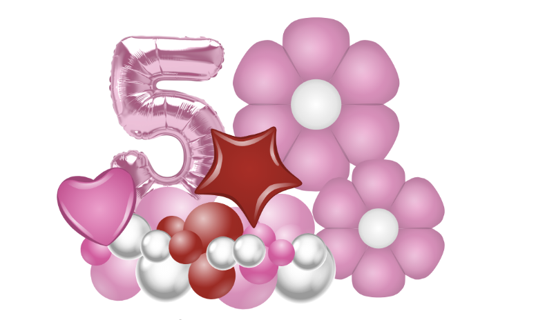 Pink and white fifth birthday balloon arrangement with number 5, heart and star balloons. Balloon Stack