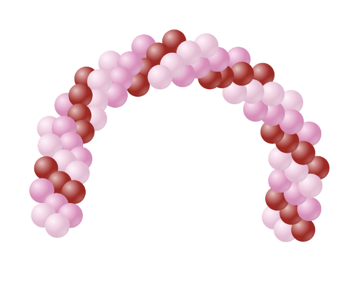 Pink, red and white classic swirl pattern walk-through balloon arch.