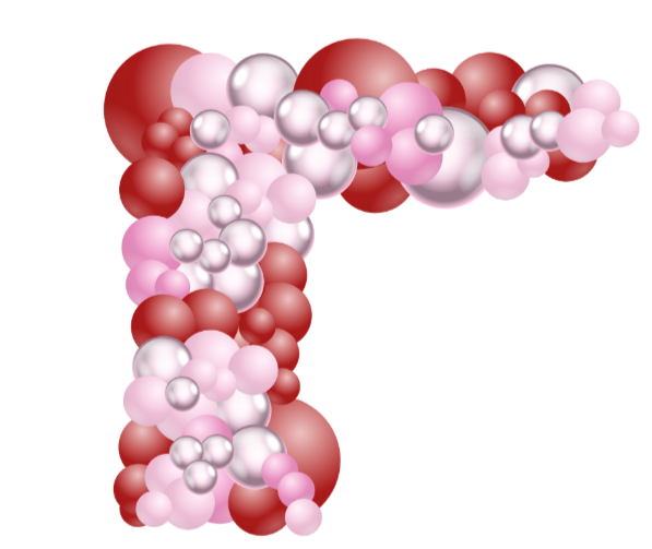 Pink, red and white organic balloon garland corner arrangement. Example of Full-Service Install
