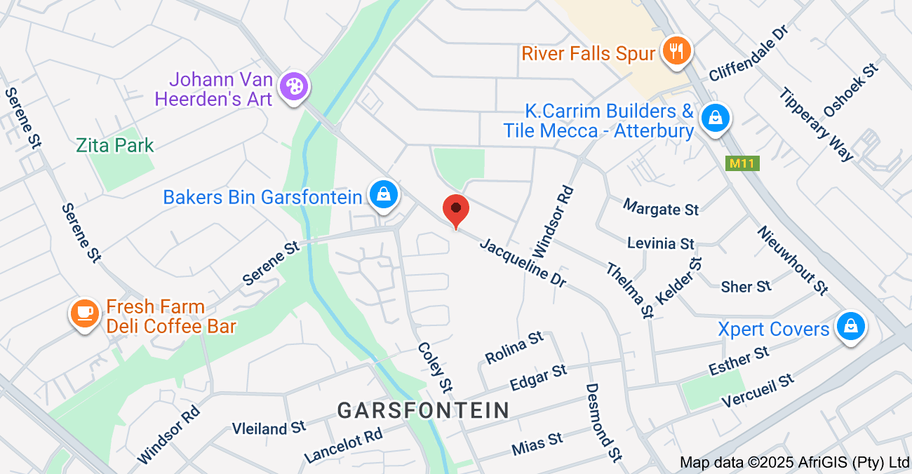 Map of Garsfontein showing streets, parks, and various businesses including a deli, art gallery, and builders store.