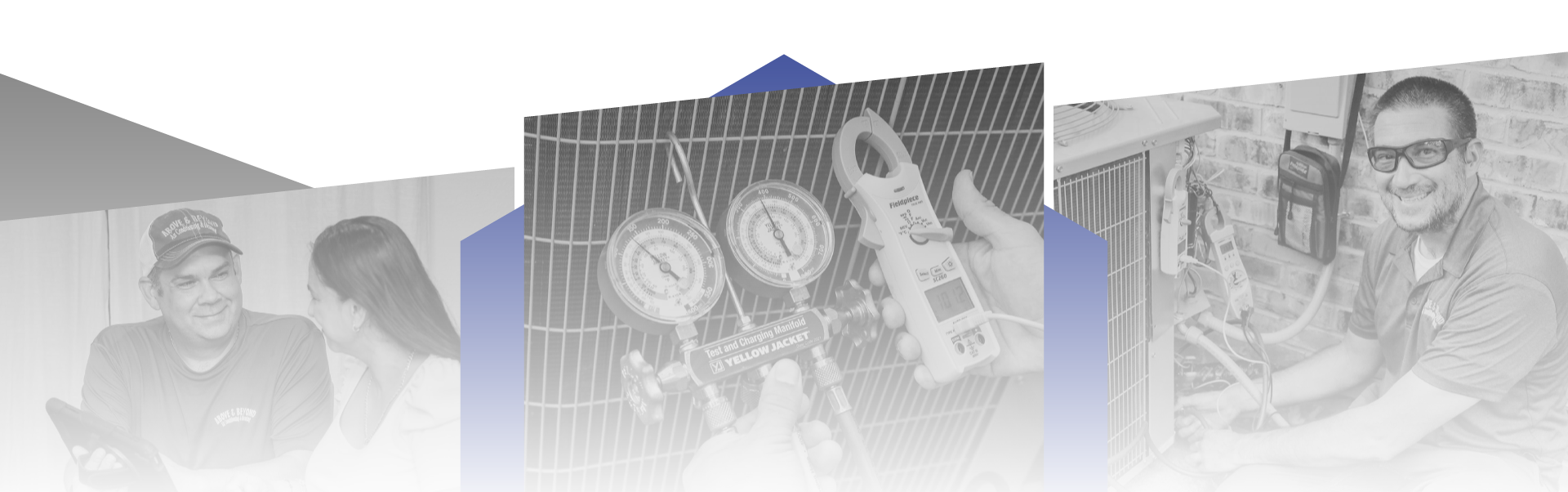 HVAC technician testing refrigerant pressure with a manifold gauge and digital meter.