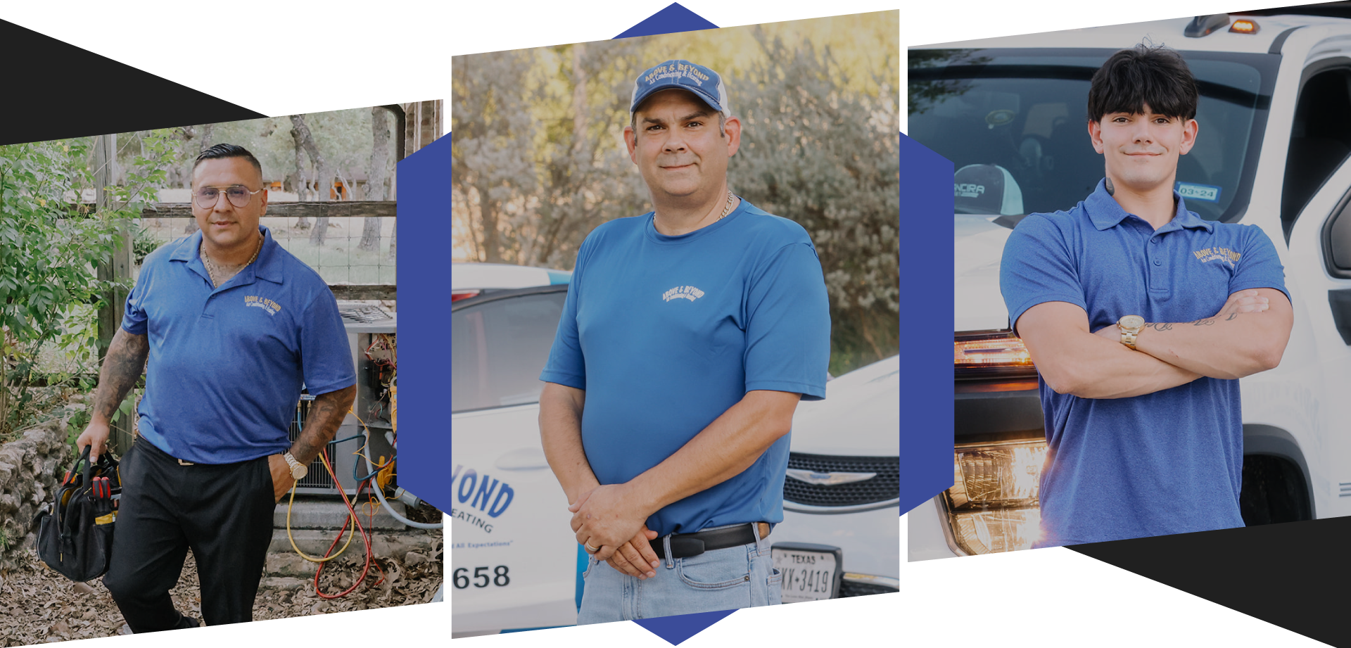 Three men wearing blue shirts with company logo standing outdoors near vehicles, with one man holding electrical tools, another standing in front of a police car, and the third standing with arms crossed in front of a white truck.