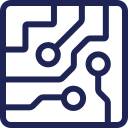 A close-up of a computer circuit board with pathways and connection points.