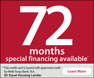 Red promotional image stating '72 months special financing available' for credit purchases, with small print about approved credit and a 'Learn More' button.